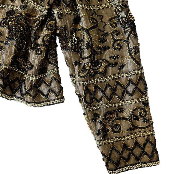 Vintage 80s Silk Beaded Jacket Gold and Black Women's Size Medium - Picture 4 of 5